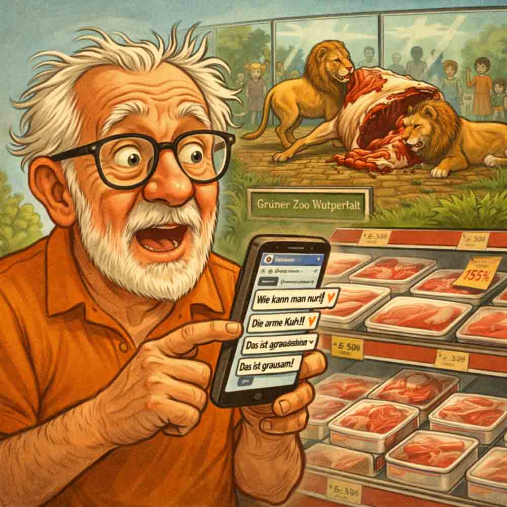 Satirische Illustration eines älteren Mannes, der empört Facebook-Kommentare zur Löwenfütterung im Zoo Wuppertal liest, während im Hintergrund Löwen einen Tierkörper fressen und Fleisch im Supermarktregal liegt.
