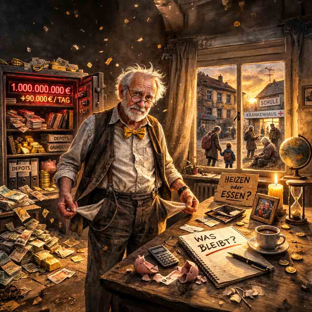 Ein älterer Mann mit grauem Haar und gelber Fliege steht in einem Raum, in dem sich Geldscheine und Gold stapeln. Er hält seine Hosentaschen nach außen und zeigt, dass sie leer sind. Sein Blick ist ernst und nachdenklich. Die Szene symbolisiert Reichtum, Vergänglichkeit und die Frage, was am Ende wirklich bleibt.