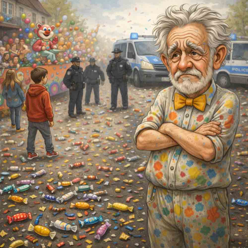 Opa beim Faschingszug – Zwischen Bonbonregen und Blaulicht Ein älterer Mann mit grauen Haaren, gelber Fliege und farbbesprenkelter Kleidung steht mit verschränkten Armen auf einer Straße, die voller Bonbons und Konfetti liegt. Hinter ihm sieht man einen bunten Faschingswagen, feiernde Menschen und mehrere Polizeifahrzeuge, die die Zufahrten sichern. Der Mann wirkt nachdenklich und kritisch.