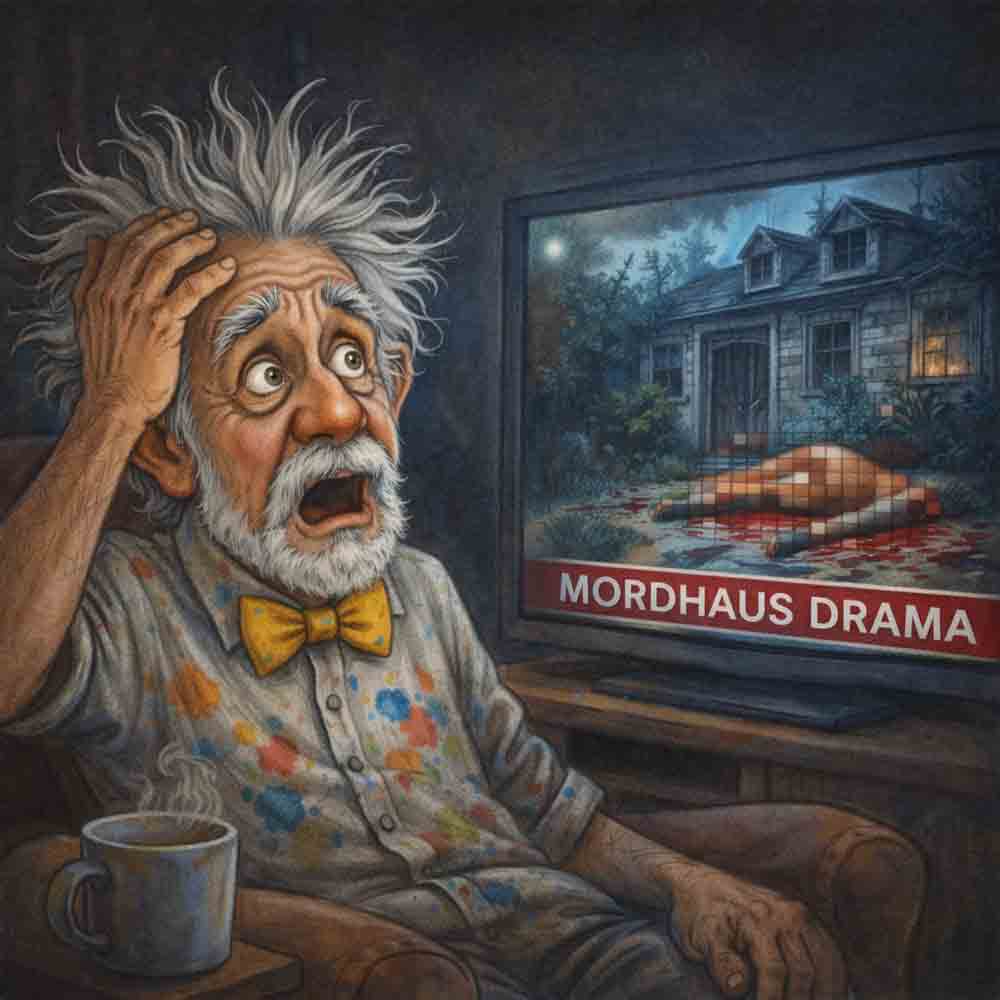 Älterer Mann mit zerzausten Haaren sitzt entsetzt vor dem Fernseher, auf dem ein Bericht über ein verlassenes Haus mit Mordfall läuft.