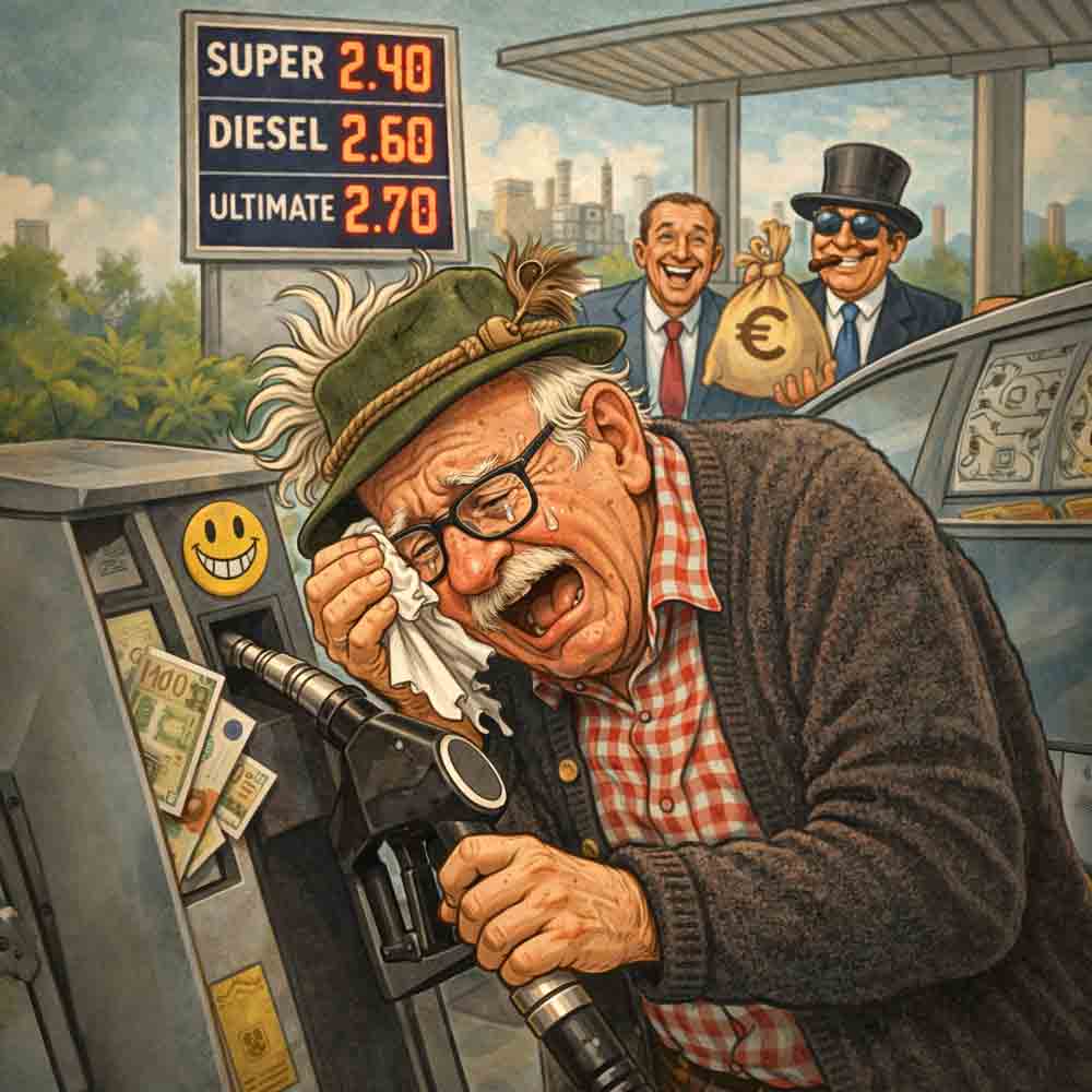 Satirische Illustration eines verzweifelten älteren Mannes an einer Zapfsäule mit extrem hohen Spritpreisen, während zwei wohlhabende Männer im Hintergrund grinsen und einen Geldsack halten.